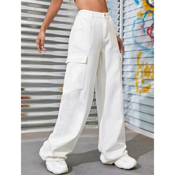 High Waisted Y2K Cargo Jeans - White Wide Leg Loose Fit Pants, Size Small - Picture 2 of 6